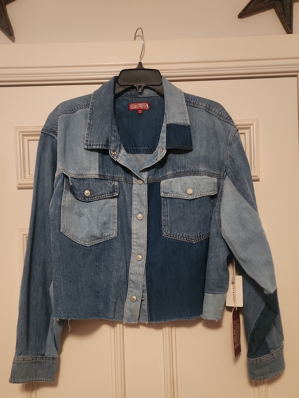 Lucky Brand Patchwork Denim Jacket in Light and Dark Blue
